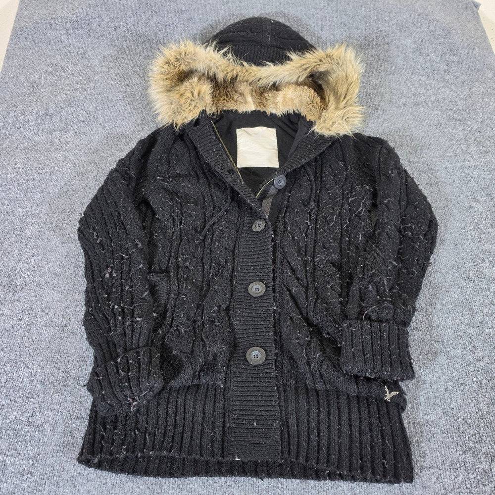 2000s American Eagle Black Cable Knit Hooded Cardigan Faux Fur Trim Size Medium